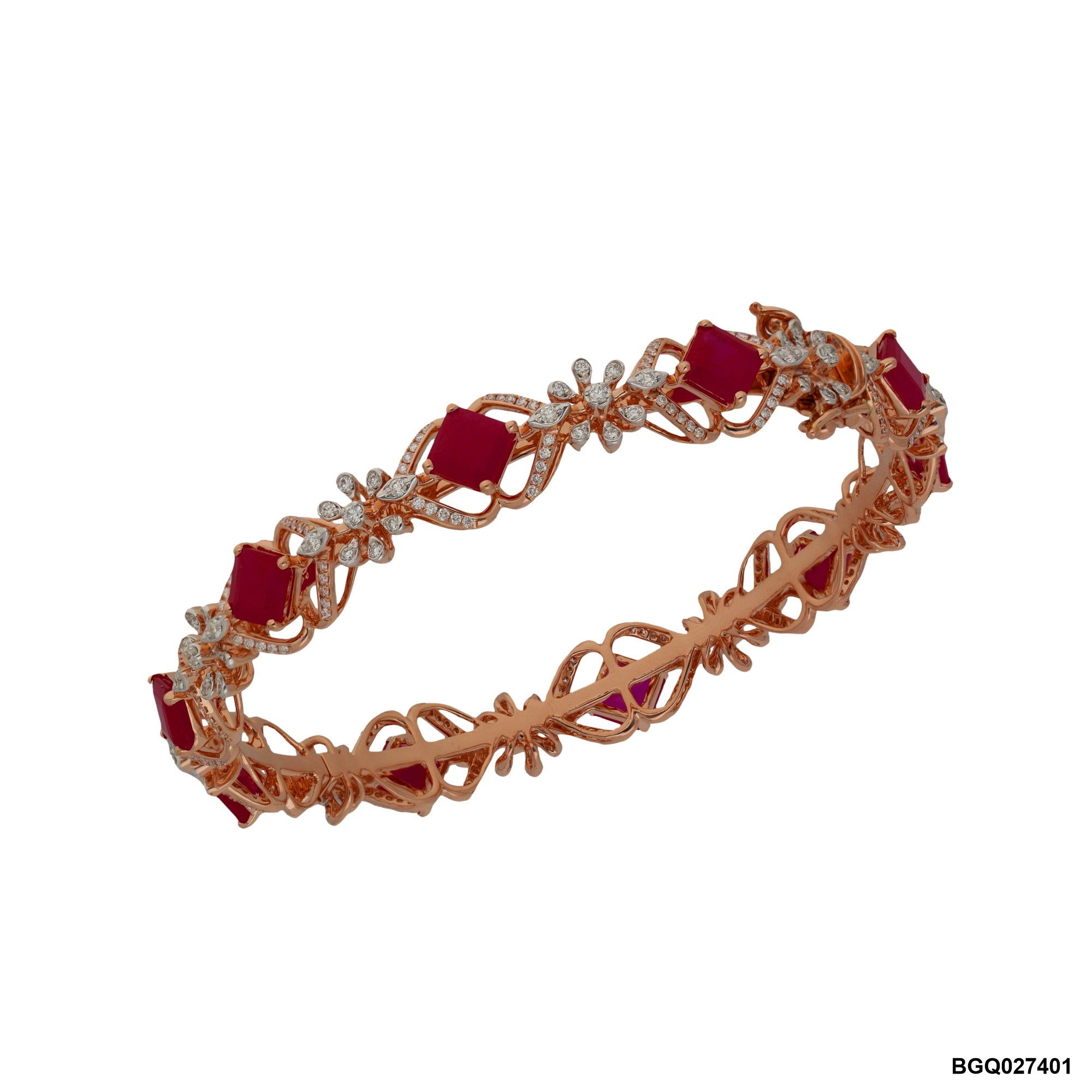 Ruby & Diamond Floral Open Setting Bangle | 18 KT Rose Gold