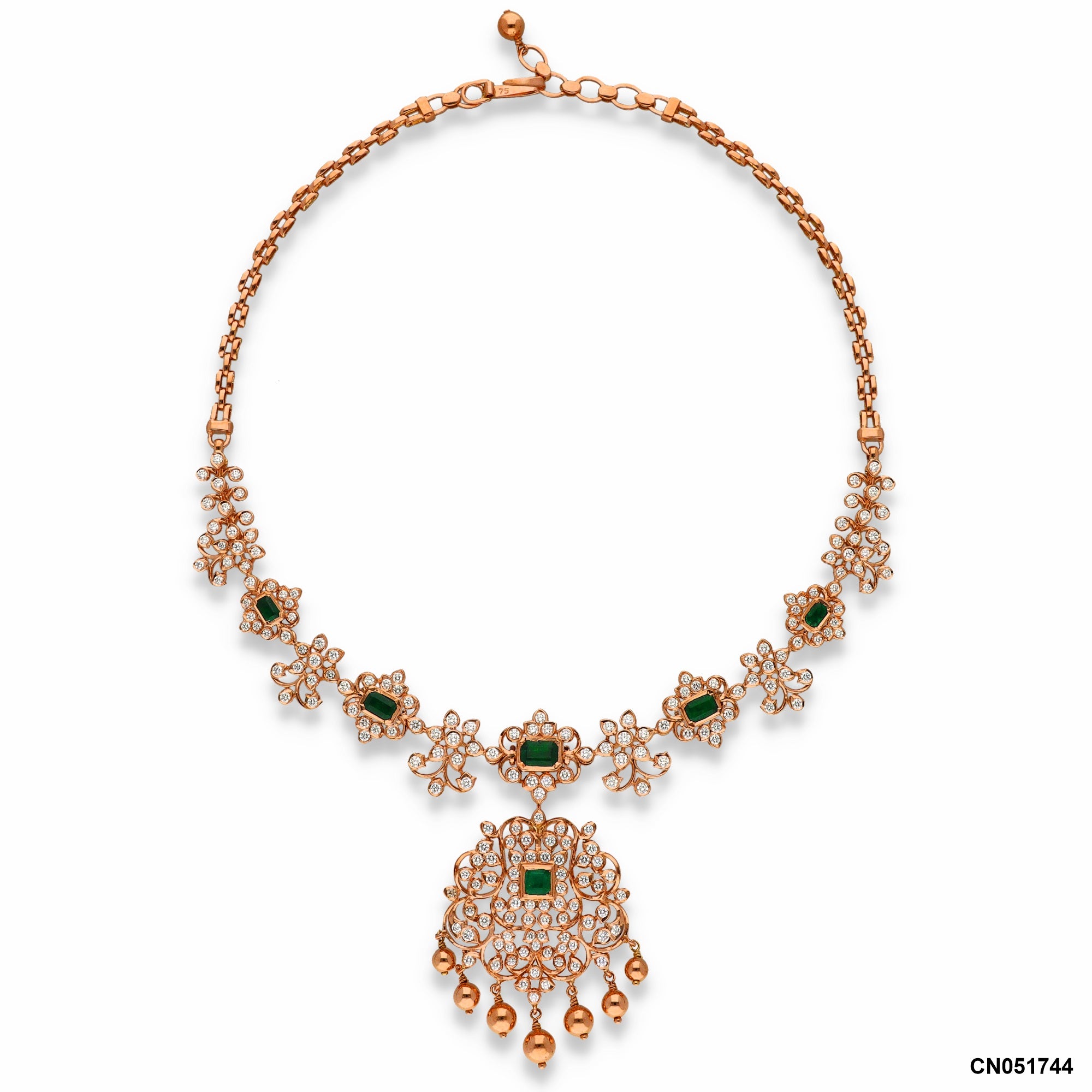 Regal Emerald & Diamond Closed Setting Necklace | 18 KT Rose Gold