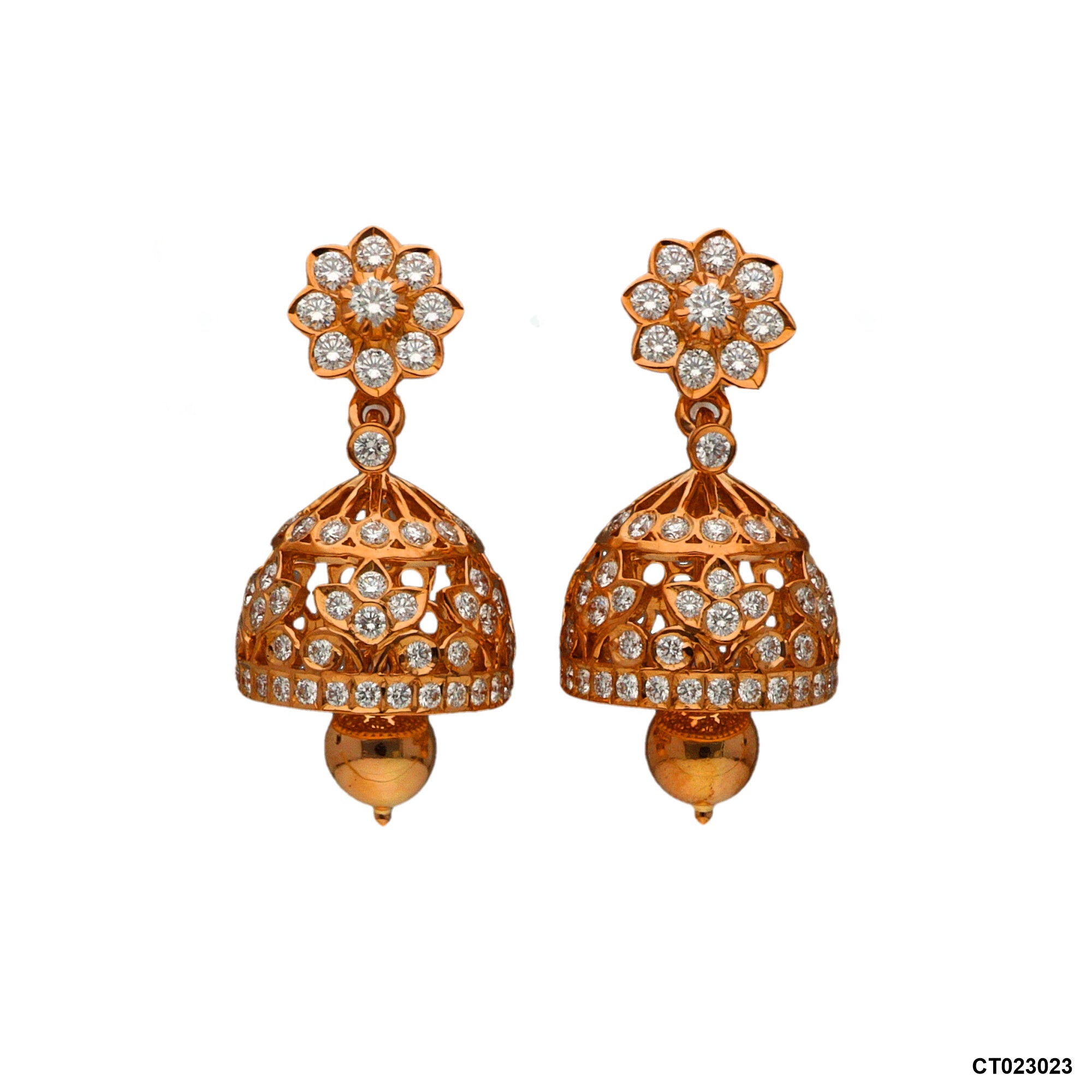 Ornate Floral Jhumky Closed Setting Earrings | 18 KT Rose Gold