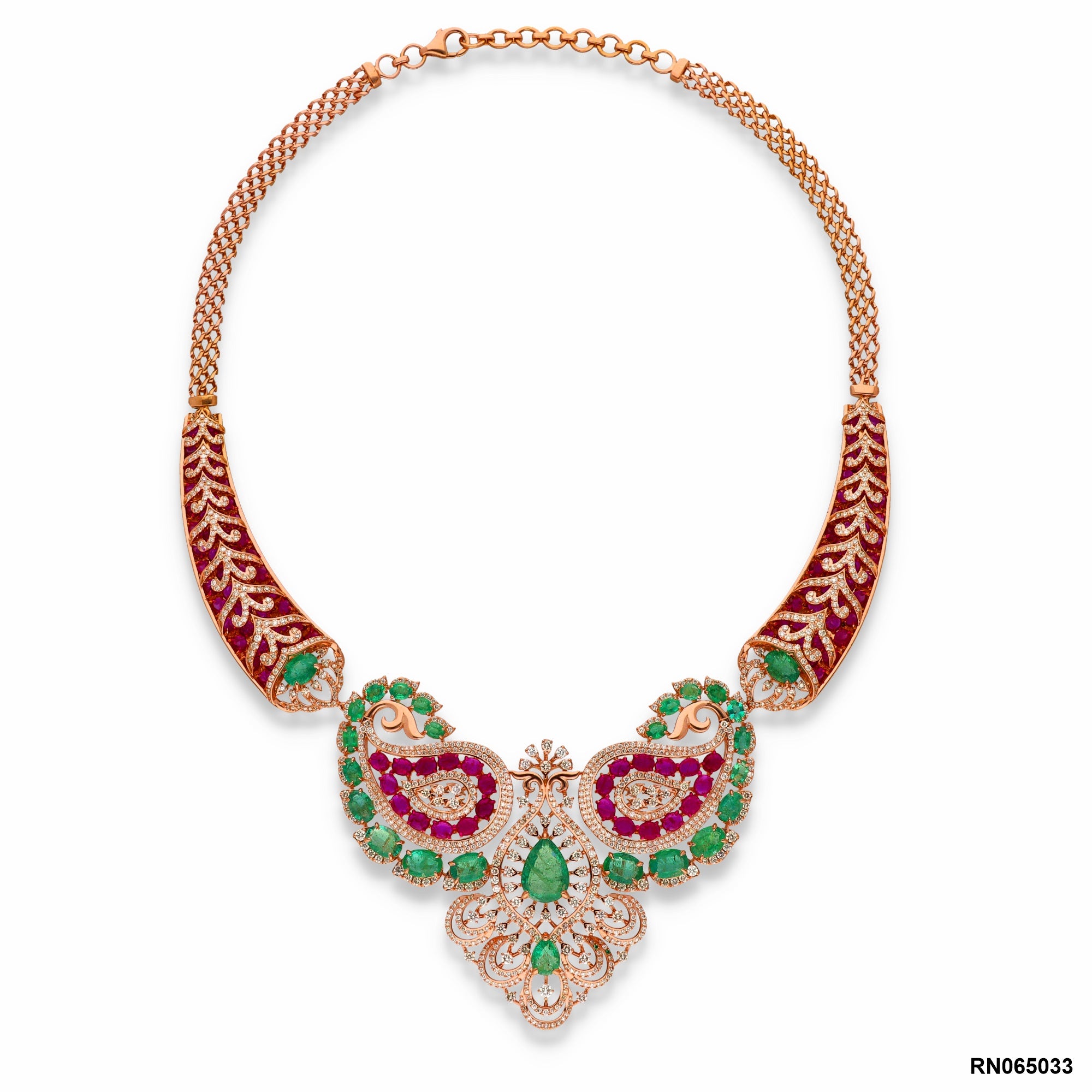 Imperial Ruby & Emerald Heritage Filigree Necklace | 18 KT Rose Gold