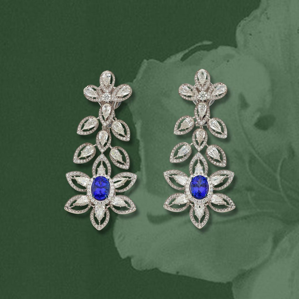 Natural Tanzanite & Step Cut Diamond Drop Earrings in 18K White Gold