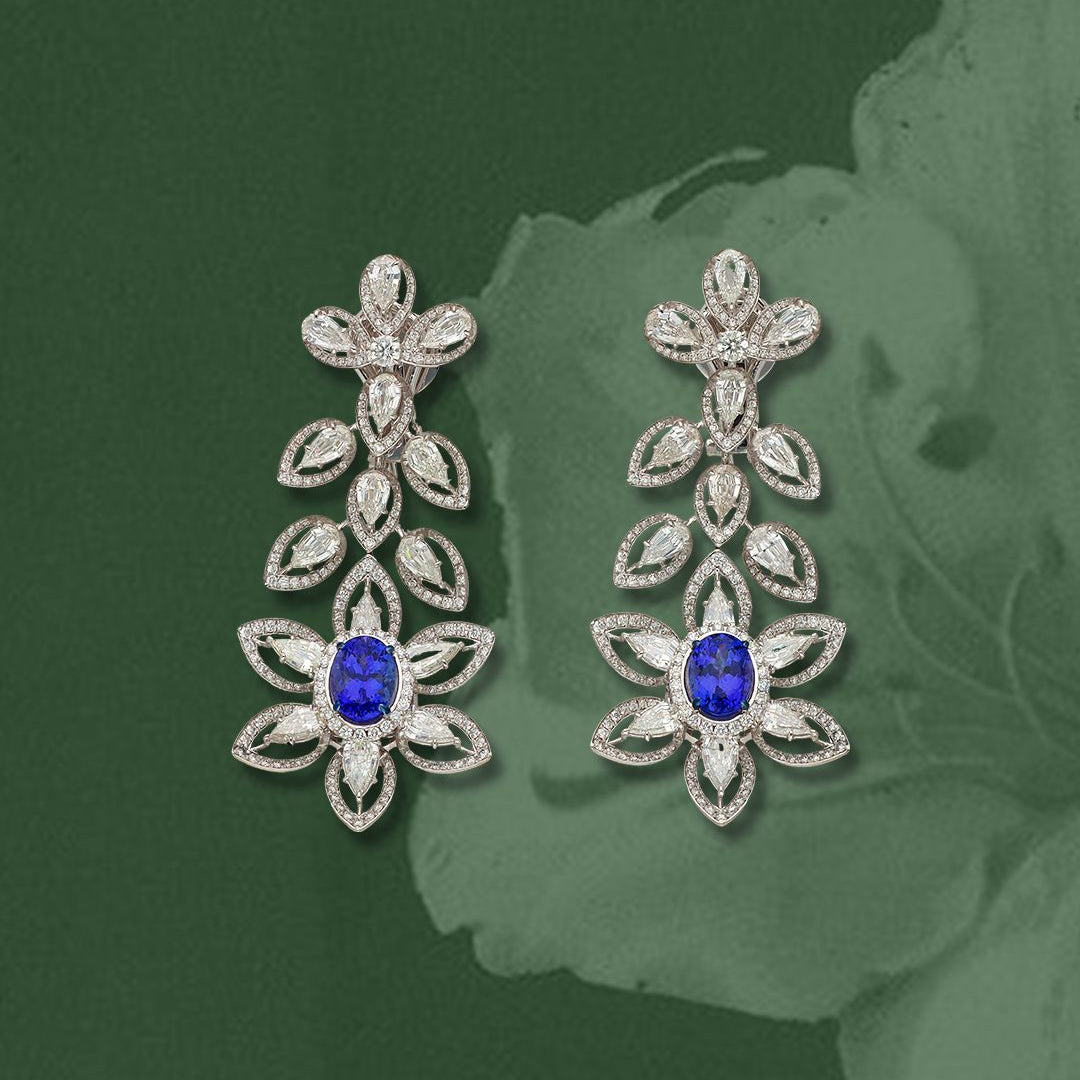 Natural Tanzanite & Step Cut Diamond Drop Earrings in 18K White Gold